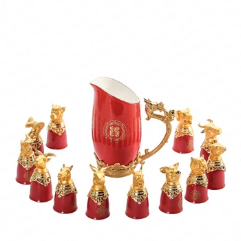 

Zodiac White Wine Glasses Set Chinese Creative Antique Ceramic Distillers Hip flask Wine Cup Set Gift Box Combination 13 PCS