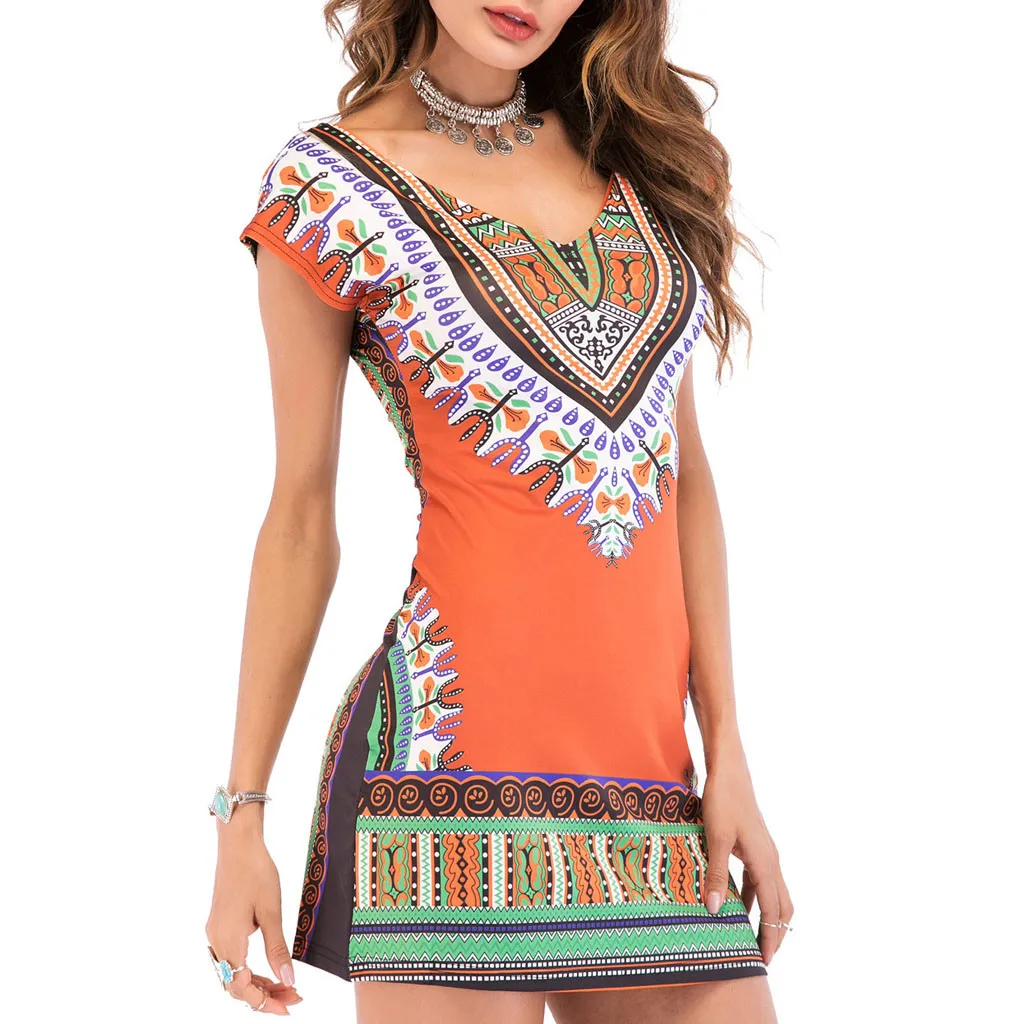

Womens Summer Boho Maxi Short Dress Fashion Casual Folk-Custom Ethnic Print Short Sleeve Mini Dress Short Beach Dress Sundress