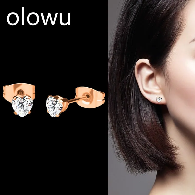 olowu Rose Gold Stud Earrings Classic Women Heart For Valentine's Day Gift Men Cubic Zirconia Crystal Mens 4mm | Украшения и