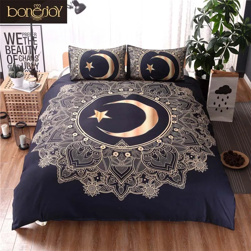 

Bonenjoy Black and Gold Color Bedding Sets Mandala Bed Cover Moon and Star Print Queen King Size Bed Linen Single Duvet Covers