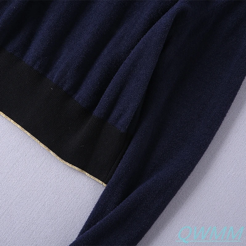Роскошный брендовый дизайнерский подиумный комплект из 2 предметов, имитация бархата, однобортный темно-синий вязаный кардиган и укороченные брюки с высокой талией, комплект