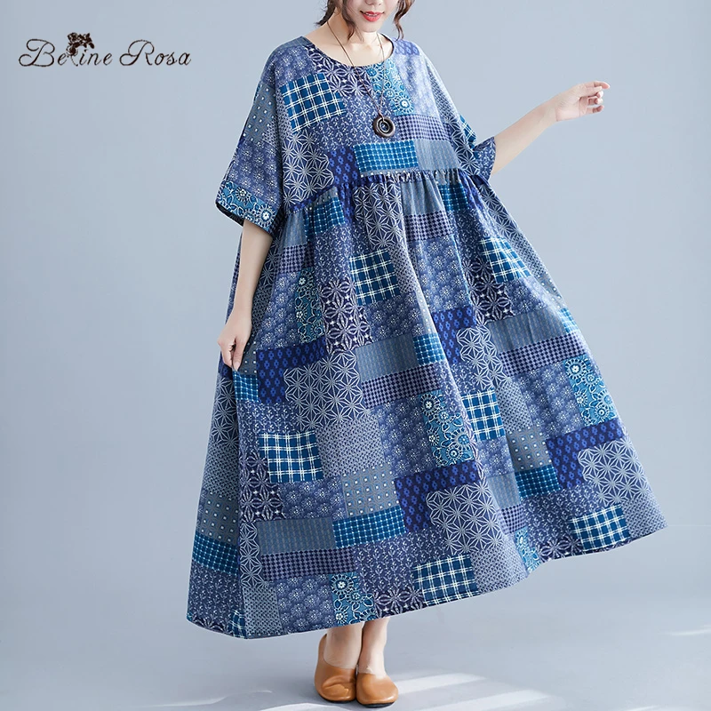 

BelineRosa National Style Patchwork Pattern Print Oversized Style Plus Size Dress 4XL 5XL 6XL Big Waist Dress Big Sizes AWJ00003