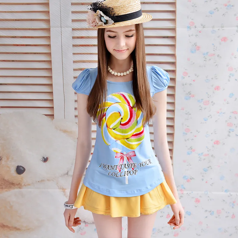 Pink Baby Doll 2013 Summer Blue Lollipop Print Loose Short Sleeve T