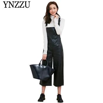 

YNZZU Women black PU strap jumpsuit 2019 Autumn Winter chic causal leather Rompers Wide Leg Ankle-length ladies Jumpsuits YJ059