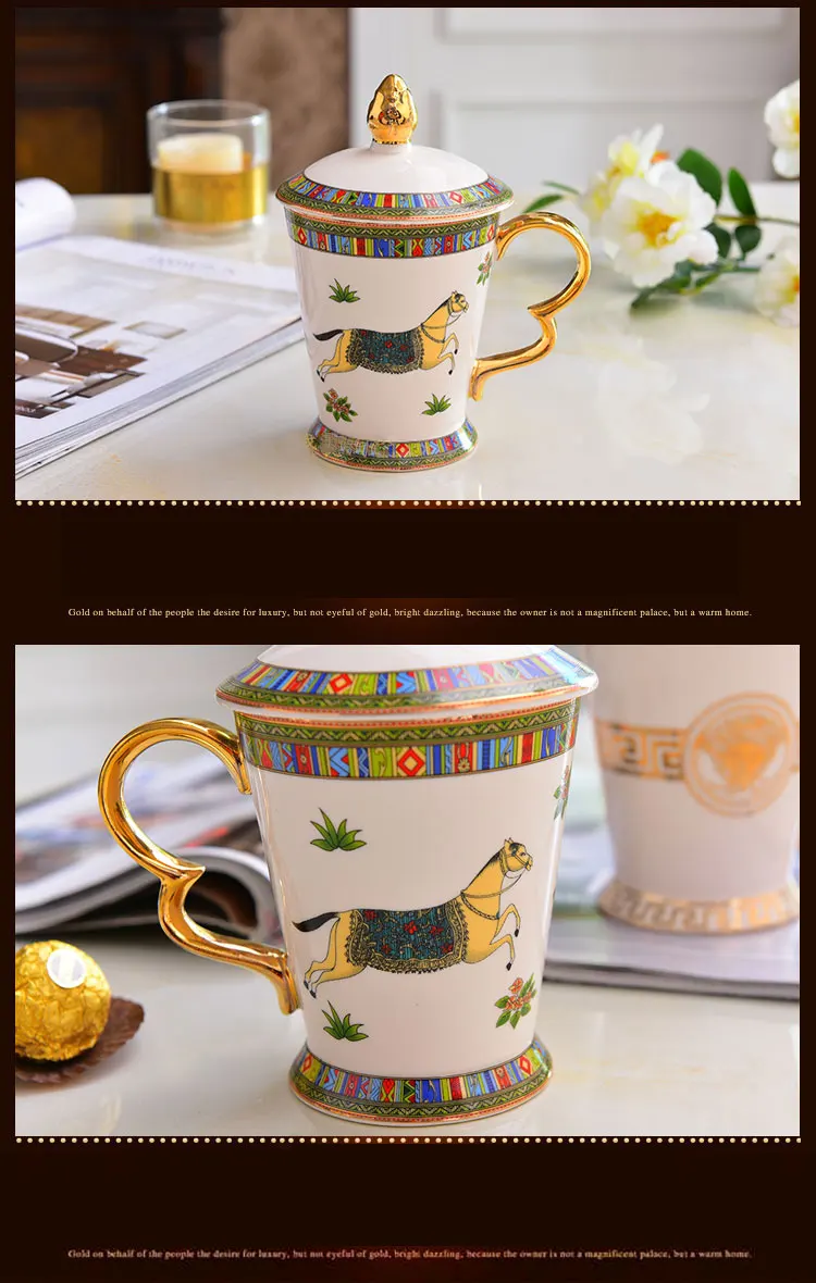 Роскошная фарфоровая чайная чашка с крышкой, Золотая мозаика, голова лошади, Декор, керамическая чайная кружка и крышка, чайная чашка, уникальные Boss Friends, подарки для папы