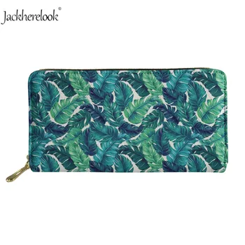 

Jackherelook Brand Women Long Leather Wallet Green Tropical Flower Palm Leaves Printing Card Bag Coin Purse Ladies Zipper Clutch