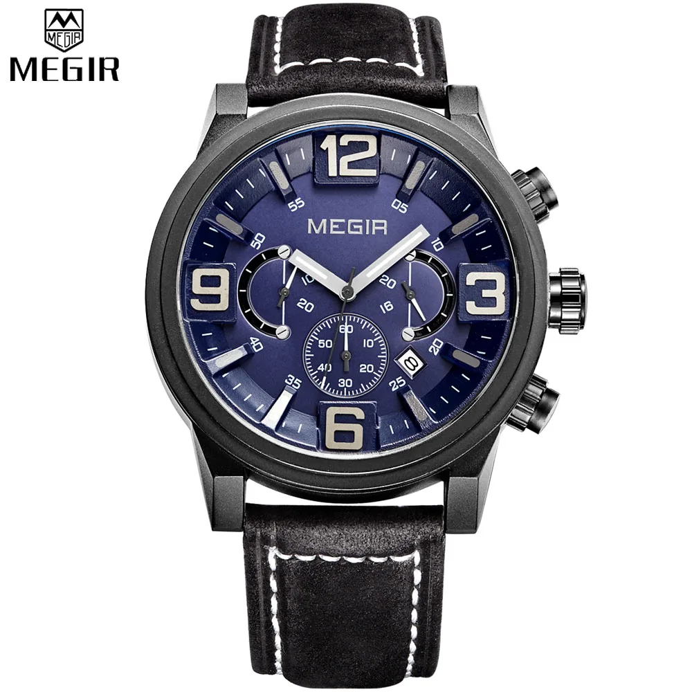 

Megir Top Brand Men Watch Luxury Big Dial Chronograph Leather Quartz Sport Watch Military Men's Wrist Watches Relogio Masculino