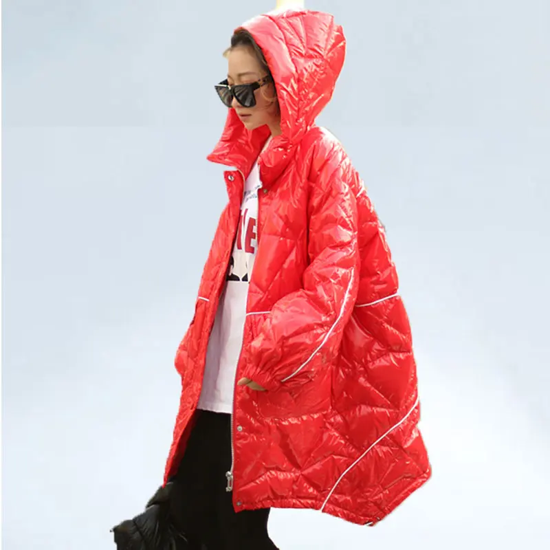 

Winter women's warm hooded down jacket 2019 new fashion quality solid color large size white duck down women down jacket