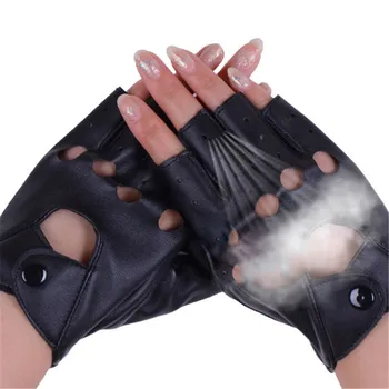 

VIIANLES PU Leather Mittens Fashion Women's Half Finger Gloves Female Fingerless Driving Mittens Cut Out Street Black Glove