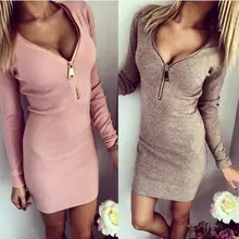 

Winter Autumn Women Long Sleeve Keep warm Sexy Club Bodycon Sheath Pack Hip Thread Dresses Zipper Sexy Knitted V-Neck Min Dress