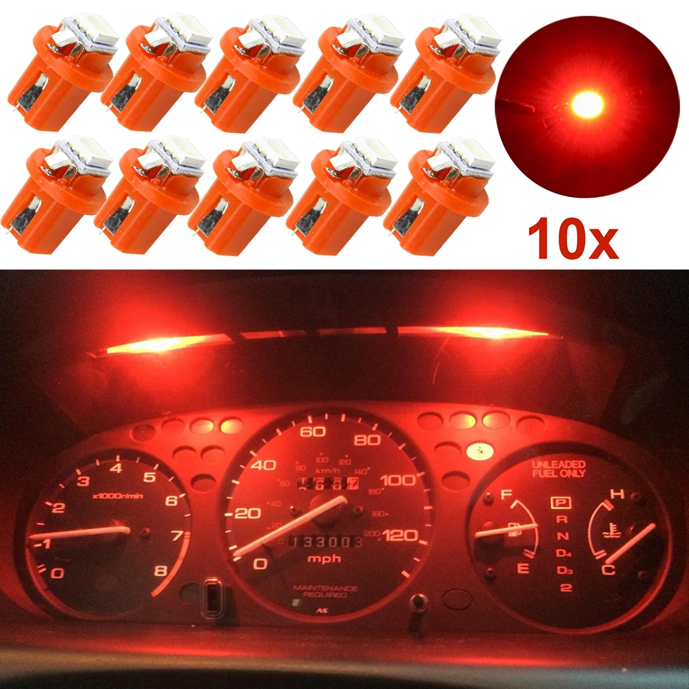 

10pcs Brilliant Red Color B8.5D 509T B8.5 5050 Led 1 SMD T5 Lamp Car Gauge Speedo Dash Bulb Dashboard Instrument Light 12v DC