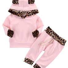 Милая зимняя одежда с леопардовым принтом для маленьких девочек; пальто с капюшоном+ комплект леггинсов из хлопка с длинными штанами