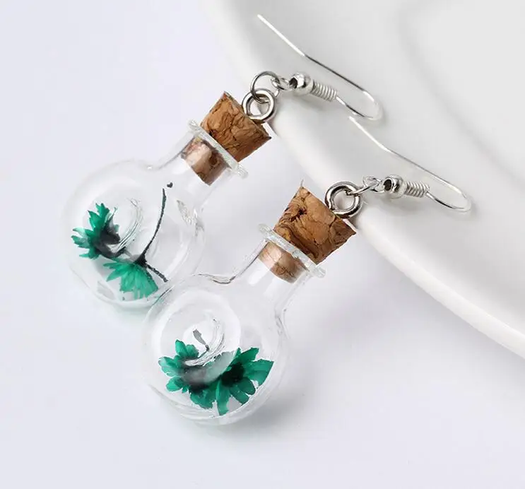 

10pairs 20*20mm Glass Bottle Cork earrings Dry flower Glass Vial glass bubble dangle earring fashion Jars Vials earings