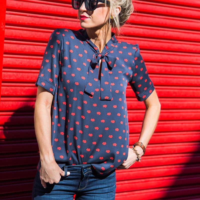 

1pc Fashion Chiffon Blouse Red Lips Printed Shirt Women Casual Lace Up Bow Short Sleeve Women Blouses Summer Blusa
