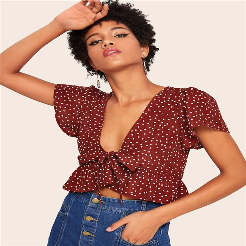 Women Casual Dot Printed Blouse Short Sleeve V neck Tops and Blouse 2019 Summer New Fashion Office Ladies Women Blouse Tops