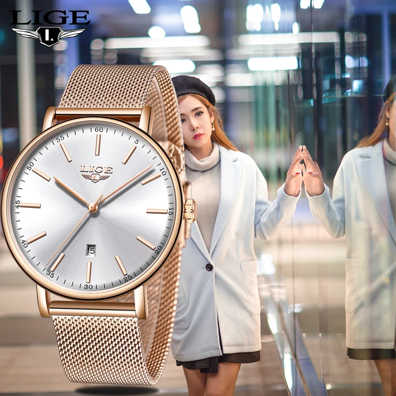 LIGE Ladies Watch Top Brand Luxury Ladies Simple Ultra-Thin clock Stainless Steel Mesh Belt With Waterproof Watch Orologio Donna