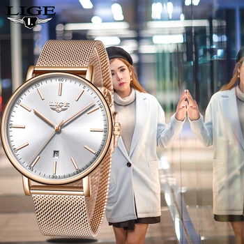 

LIGE Ladies Watch Top Brand Luxury Ladies Simple Ultra-Thin clock Stainless Steel Mesh Belt With Waterproof Watch Orologio Donna