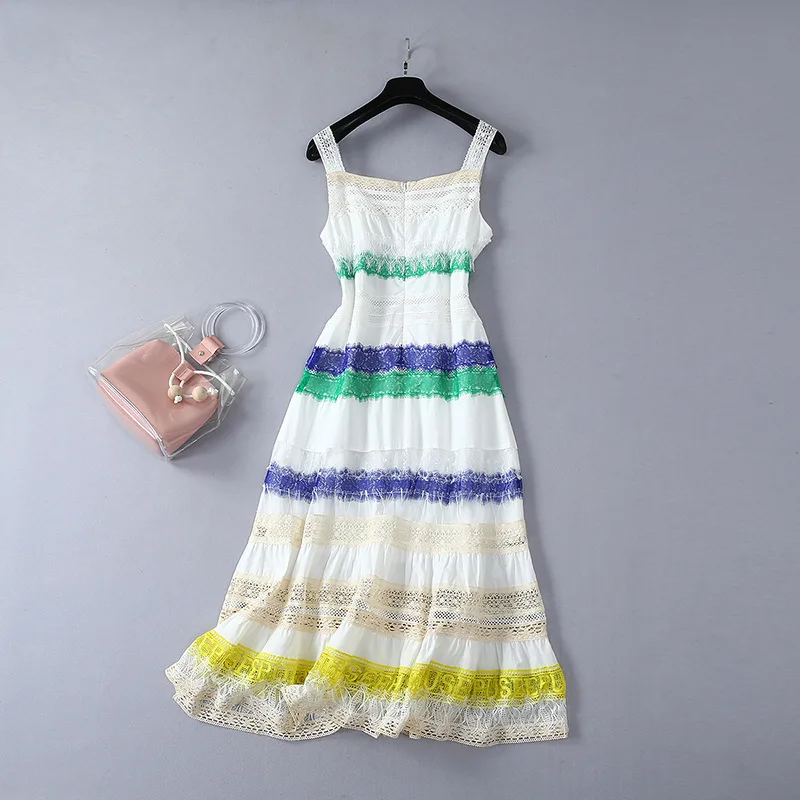 High-quality Summer Rainbow Stripe Lace Luxury Dress Robe Femme Ete Women Backless Party Sexy Club Dresses Zomer Jurk D9033