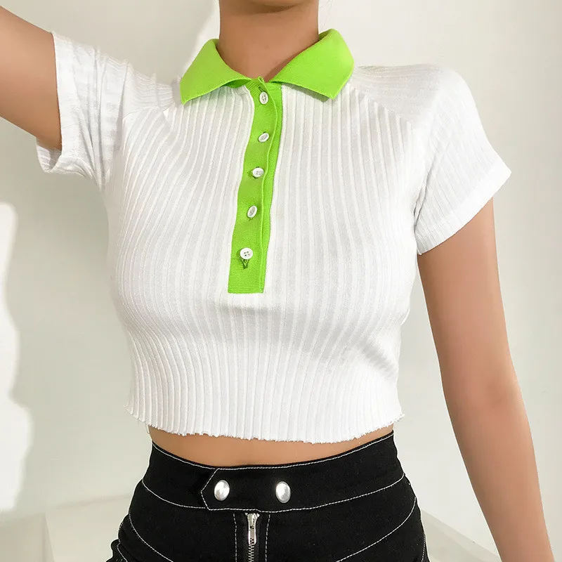 

Korean Neon Turn-down Collar White T shirt Women Casual Short Sleeve Crop Top T Shirts Ladies Harajuku Top Tee Shirt Femme
