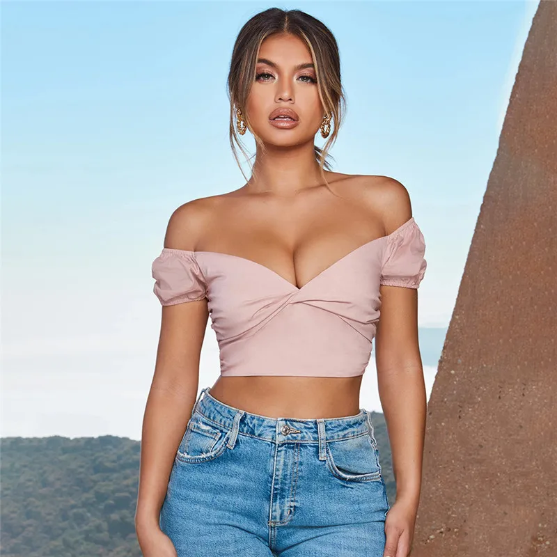 

Pure Color V-neck Wrap Slim Body Crop T-shirt