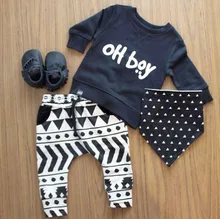 2016 Autumn baby boy clothes set fashion warm cotton long-sleeved letter oh boy T-shirt+ trousers 2pcs newborn baby boy clothing