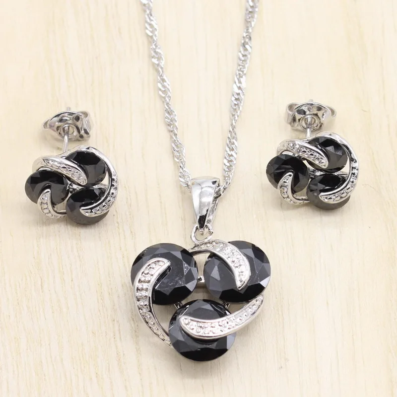 

925 Sterling Silver Women Wedding Jewelry Sets Clover Shaped Cubic Zirconia Earrings Pendant Necklace Jewelry