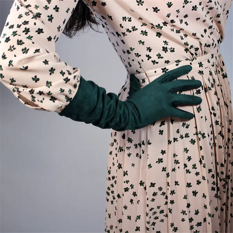 Женские замшевые перчатки 70 см Экстра длинные матовые шлифовальные замшевые имитация кожи темно-зеленый JPSL70 - Цвет: Dark green 40CM