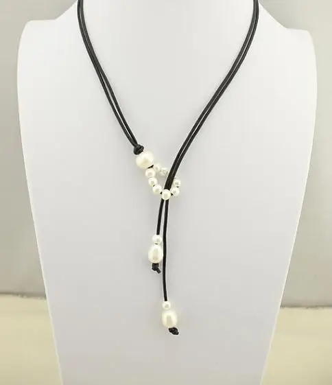 Real Pearl Jewelry Double Strand Black Leather Necklace Simple Design Newest Pendant | Украшения и аксессуары