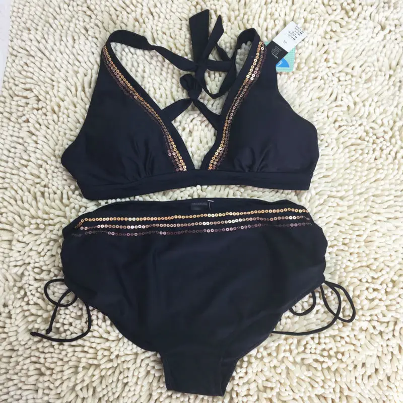 2016 Plus Size Black Solid Bikinis Set Women With Sequins Sexy 46 Size