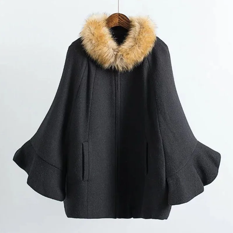 Vrouwen Poncho Jas Faux Fur Mouwen Wol Blend Winter Cape Jas