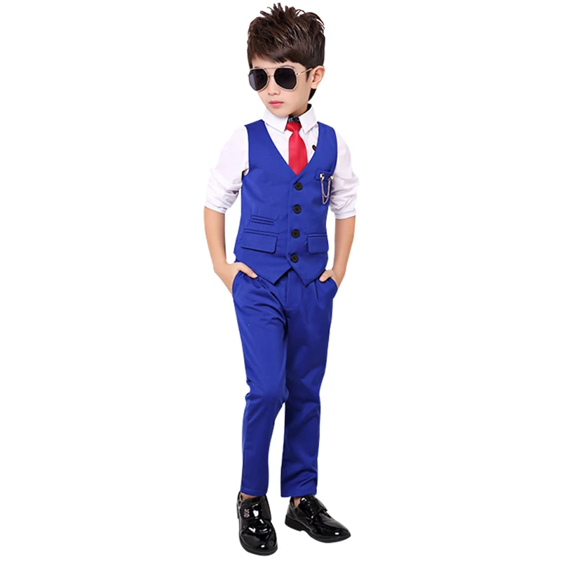 Модный костюм на свадьбу для мальчиков от 2 до 11 лет, вечерние костюмы на выпускной для детей, приталенный костюм смокинг для мальчиков, деловой жилет, брюки классический костюм черного цвета - Цвет: Blue