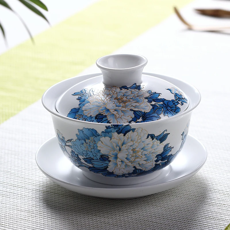 

160ml Chinese Style Gaiwan Ceramic Porcelain Applique Emboss Flower Tea Bowl with Lid Saucer Kit Drinkware Teaware Tea Tureen