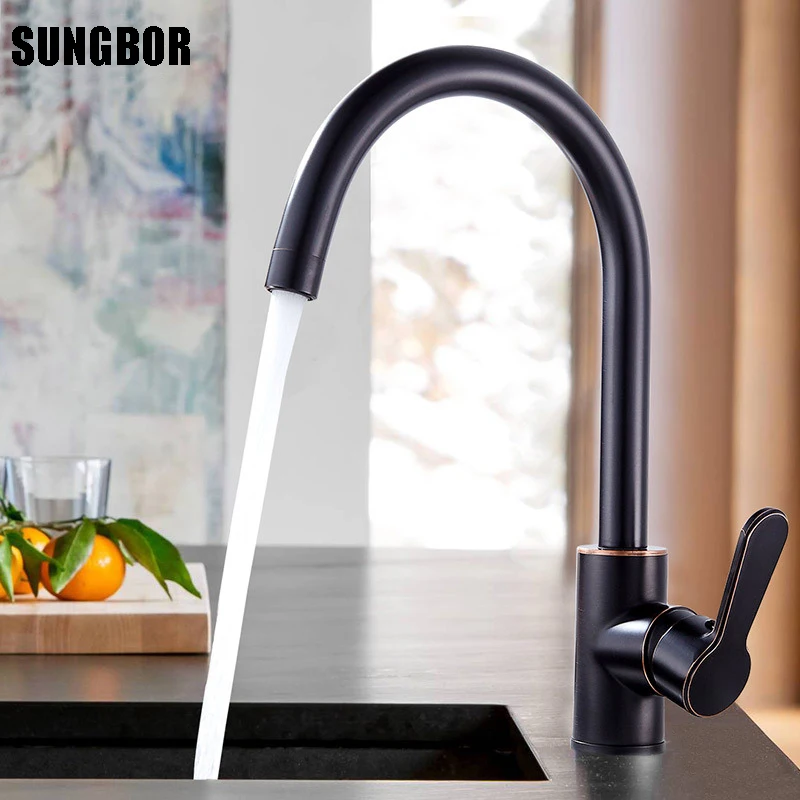 Brass Kitchen Faucet Black Faucet 360 Degree Swivel Single Handle ...