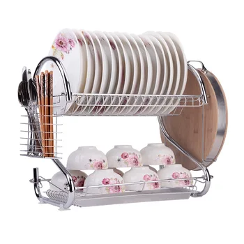 

Dish Rack Set 2-Tier Chrome Stainless Plate Dish Cutlery Cup Rack With Tray Steel Drain Bowl Rack Kitchen Shelf