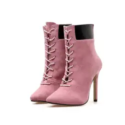 Для женщин замшевые на шнуровке 11 см высокий каблук туфли острый носок ботильоны обувь 2018 Новый сексуальный плюс Размеры