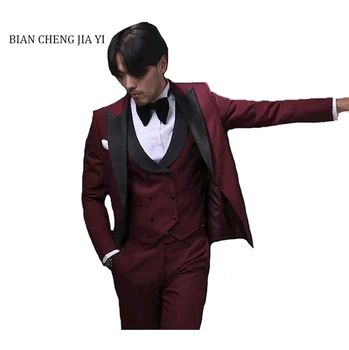 

Wine red High quality Mens Suits Peak lapel Costumes Suits Men Latest Coat Pants 3 Pieces Designs Slim Fit Tuxedos Men Clothing