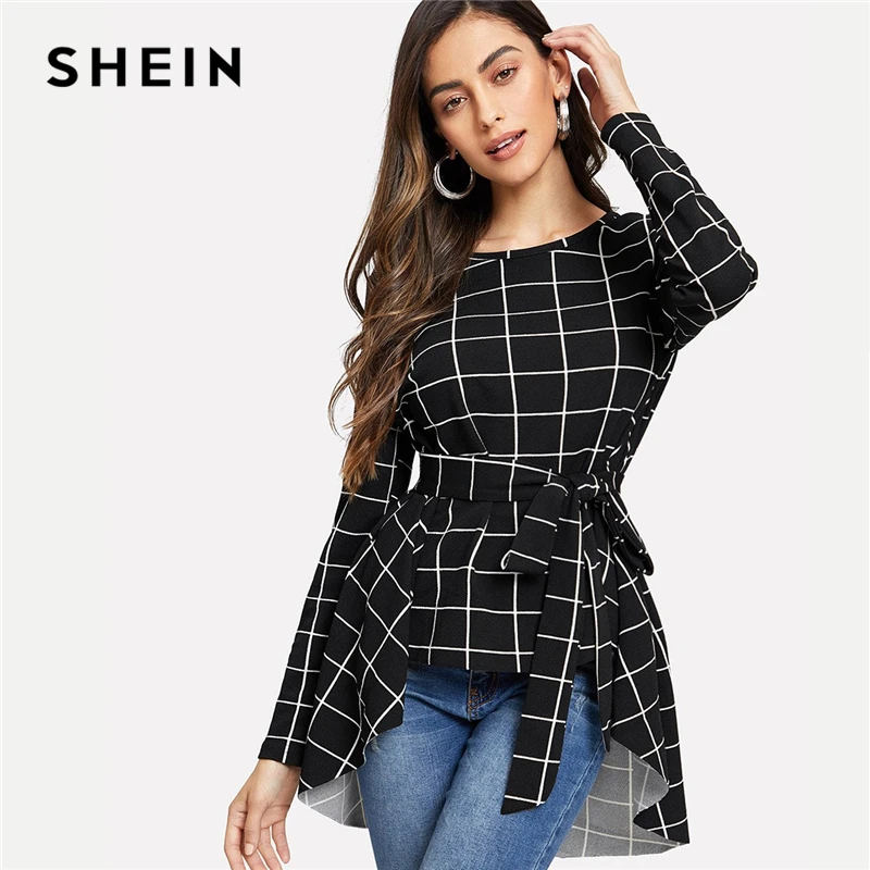 SHEIN Асимметричный Топ В Клетку С Поясом Женская Демисезонная Элегантная Блузка С Длинными Рукавами И Круглым Вырезом