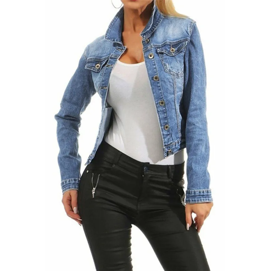 

Outwear Clothes Short Bomber Jacket Women Casual Fashion Denim Jacket Long Jean Coat Bead Outwear Overcoat Denim Feminine