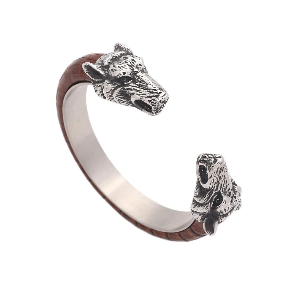 

JSBAO New Design Fashion Leather Bangle Stainless Steel Leather Bangle Wolf Bracelet For Men Charm Jewellery Wholesale