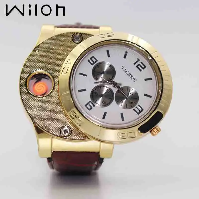 2018 Новые легкие часы для Для мужчин кварцевые часы модные спортивные USB зарядки Непламено прикуривателя роскошные золотистые кожаные F781