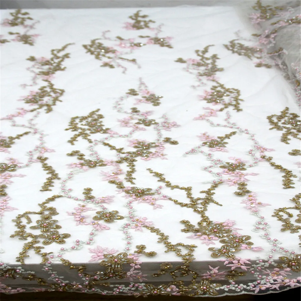 

Newest Green / Pink Nigeria French Laces 2018 African Wedding Beaded Tulle Fabric X490-7