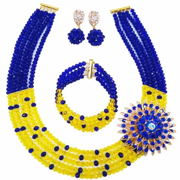 

Fashion Royal Blue Yellow Crystal Beaded Multi Strands Necklace Nigerian Wedding African Beads Jewelry Set for Women 5L-ZJ004