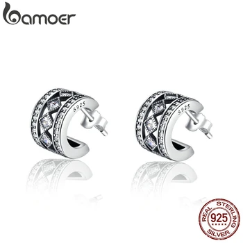 

BAMOER Classic 925 Sterling Silver Square Vintage Fascination Clear CZ Stud Earrings for Women Gift Fine Jewelry SCE052