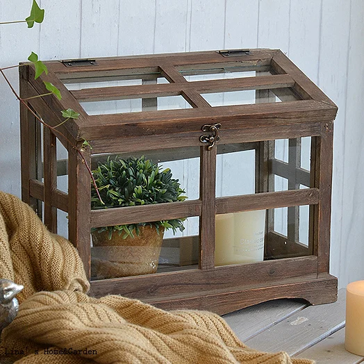 

hand crafted vintage antique brown wood frame glass panel mini greenhouse