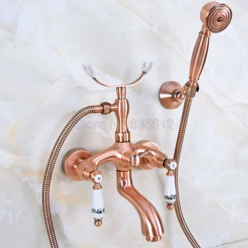 

Antique Red Copper Bathroom Tub Faucet Telephone Style Bathroom Bathtub Wall Mounted With Handshower tna365
