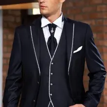 Темно-синий мужской Выпускной костюм свадебный смокинг костюмы на заказ(куртка+ брюки+ жилет+ галстук) H: 011