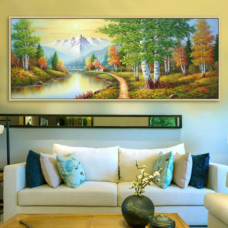

Artist sales hand painted oil painting on canvas autumn dusk river and birch trees