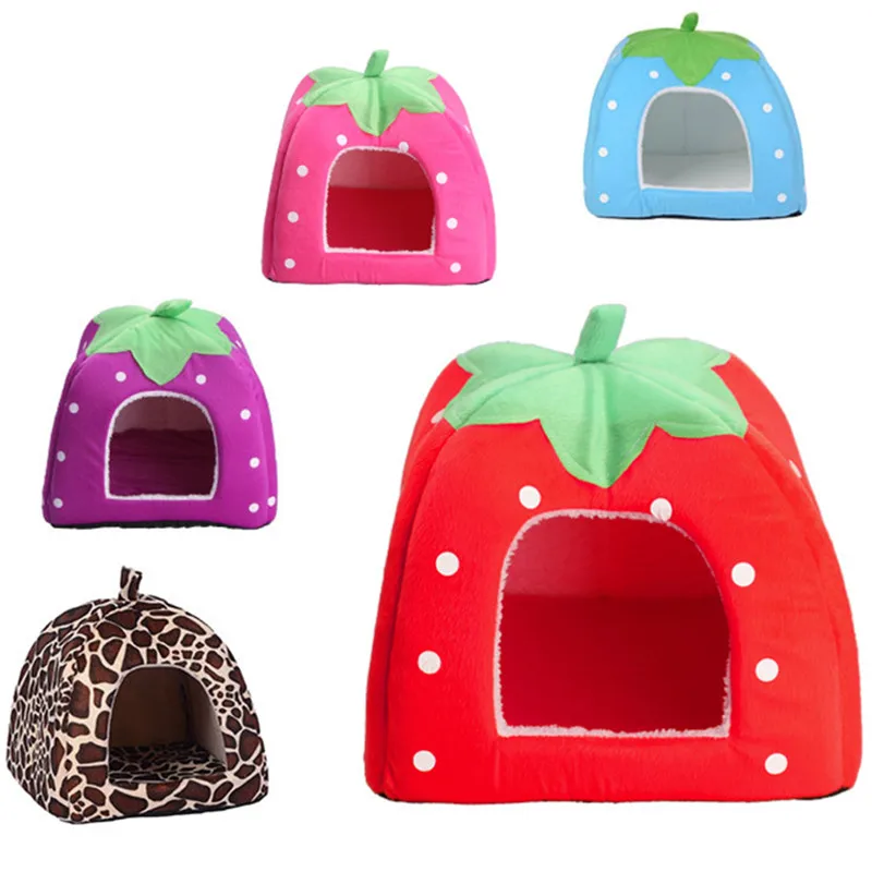 Bajila Foldable Cat Dog Kennel Warm Cushion Strawberry Shape Sponge Pet