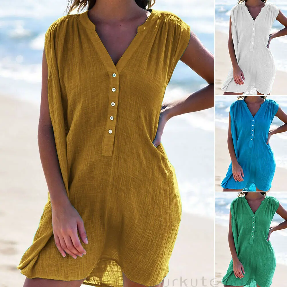 

Plus Size Summer Linen Women Solid Boho Sundress Short Sleeve Loose Holiday Beach Bikini Cover-Ups Mini Dress Beachwear Costume