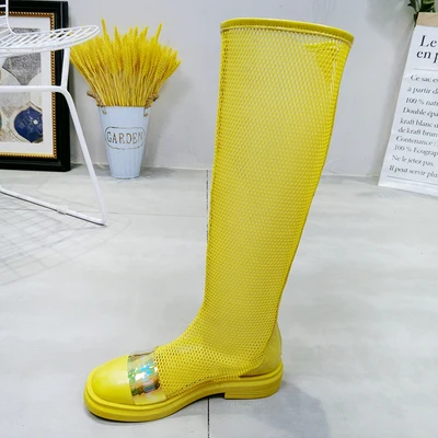 Yellow Женские летние ботинки; дышащие сетчатые сапоги до колена; коллекция года; летняя однотонная женская обувь; женские сапоги в римском стиле - Цвет: Yellow